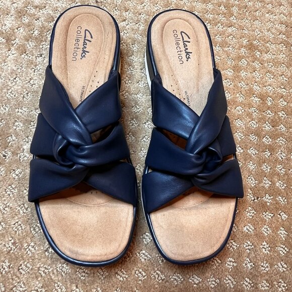 Clarks Clara Charm Wedge Sandal Navy/White Size 9M Women's Summer Slide Shoe - Picture 2 of 8